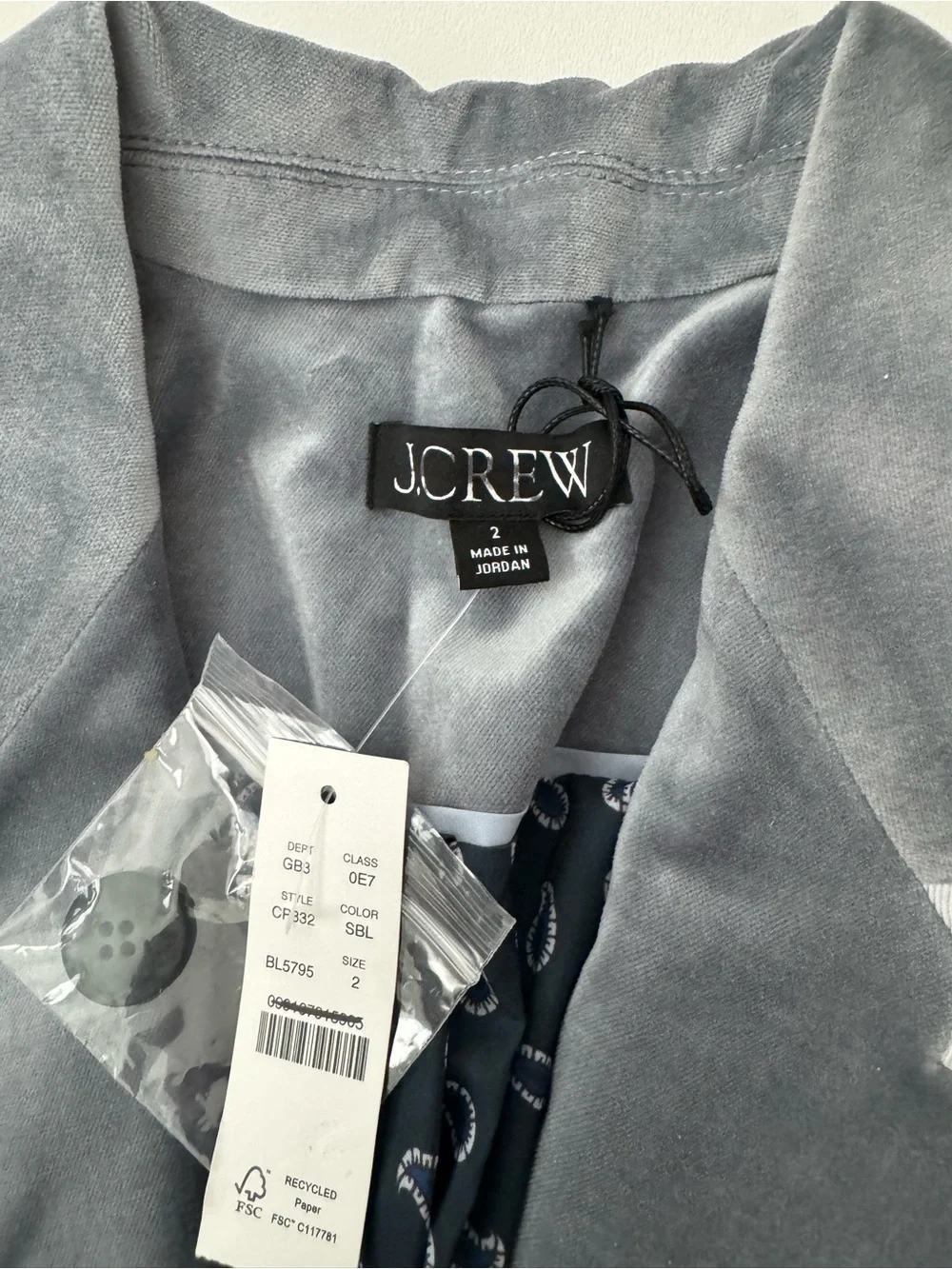 NWT J.Crew Madelyn Velvet Blazer Light Gray Blue Contrast Piping Size 2